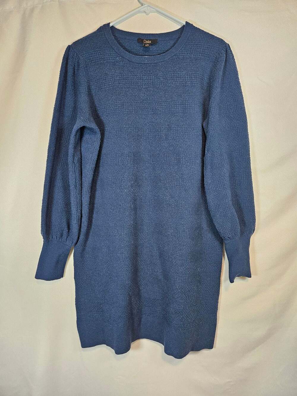 Dalia Blue Textured Knit Long Sleeve Puff Sleeve Sweater Dress Size L
